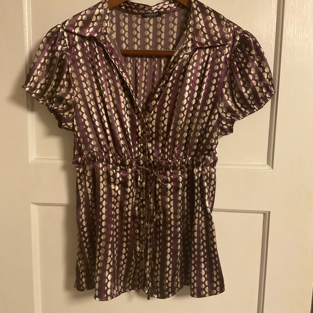 Motivi Purple and Cream Blouse with tie under bust